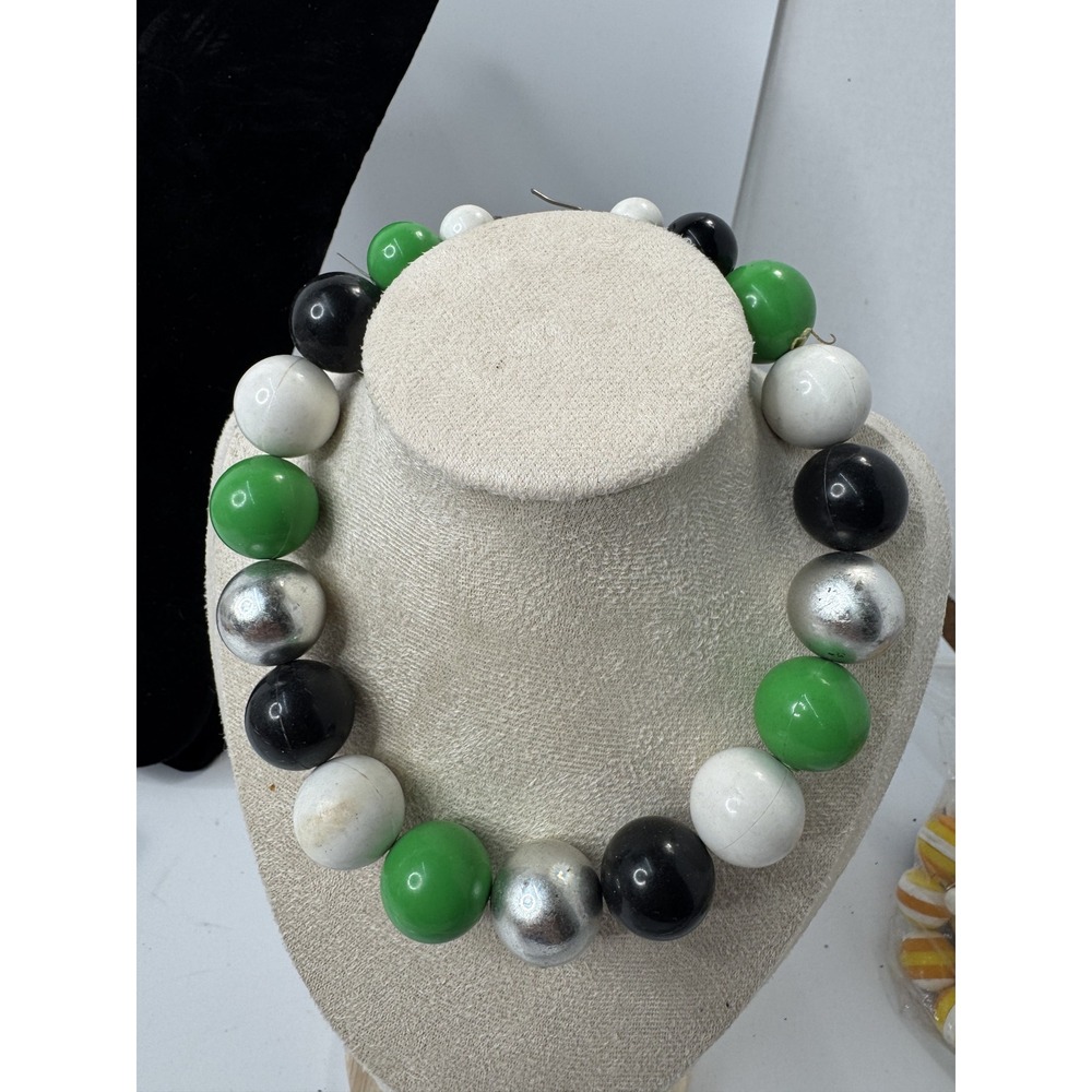 Vintage Chunky Bead Necklace Green Black White Silver Statement Hook Clasp 15in
